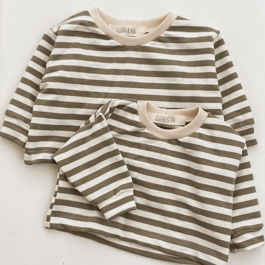 Boxy Crewneck in Olive Stripe