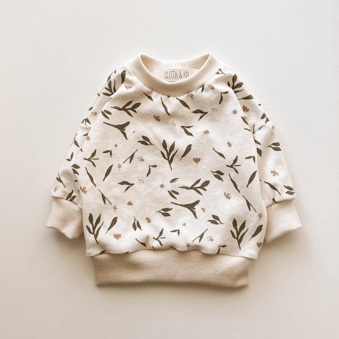 .  Crewneck in Cream & Olive Flowers