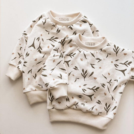 .  Crewneck in Cream & Olive Flowers